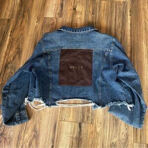 Cropped Blue Denim Jacket with Brown Patch